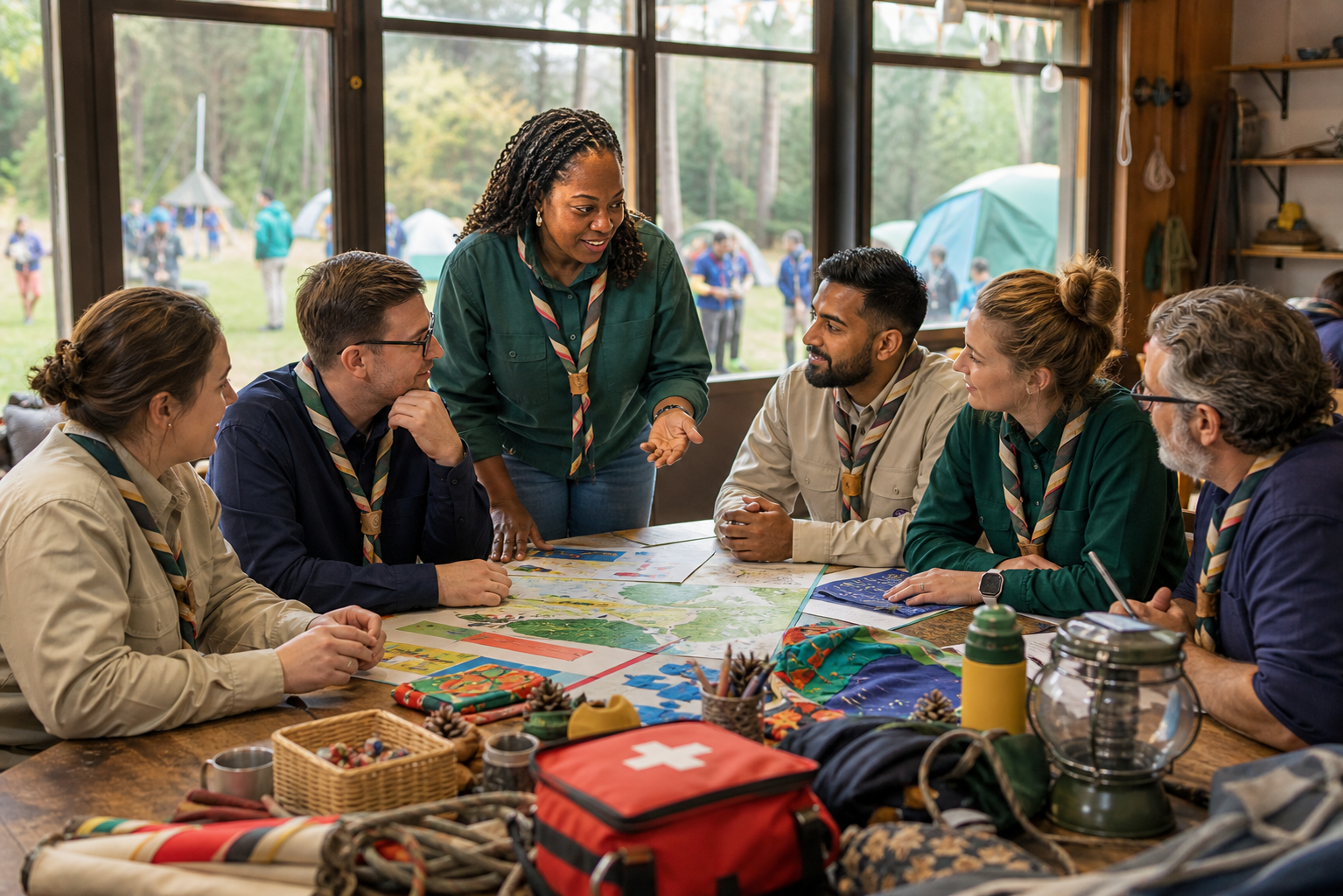 Scouts plan an outdoor expedition around a map, surrounded by camping equipment and supplies